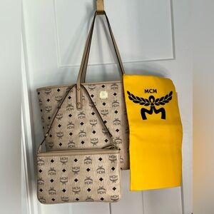 MCM Beige Monogram shopper Bag with Clutch and duster bag